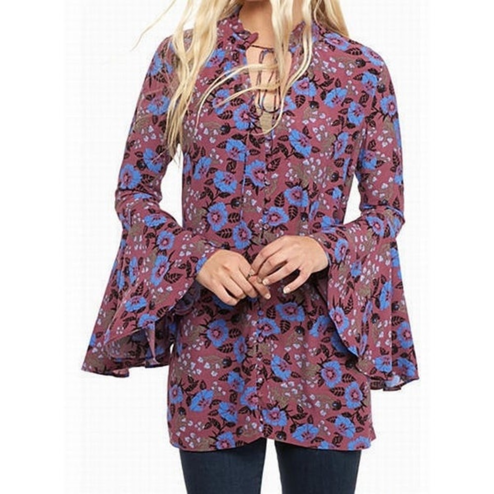 Free People Bell Sleeve Purple Floral Tunic Dress
